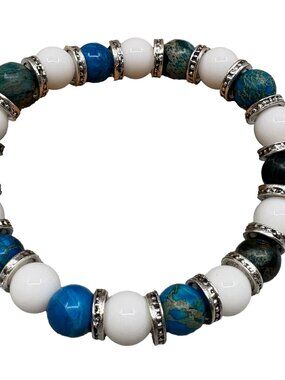 8mm Natural White Tridacna Blue Imperial Jasper Bead bracelet stretch